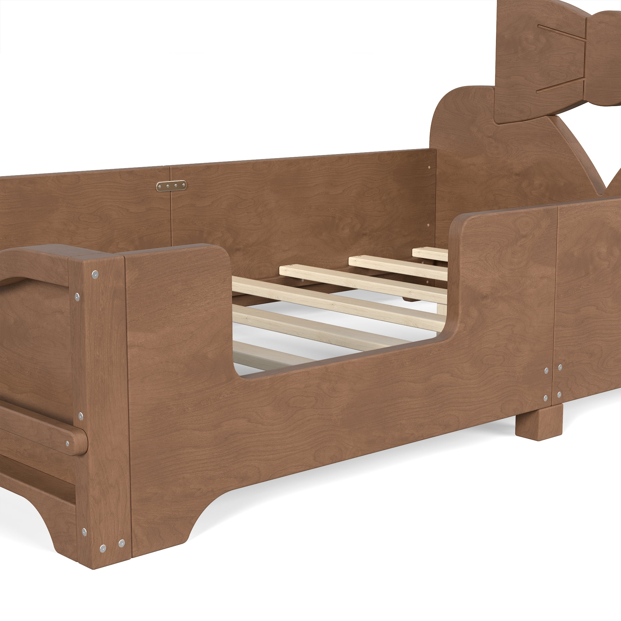 HOQBN Twin Size Kids Platform Bed with Surround Guardrails, Cute Bowknot Shaped Headboard & Built-in Side Bookshelf, Wood Finish Floor Bed Deep Natural