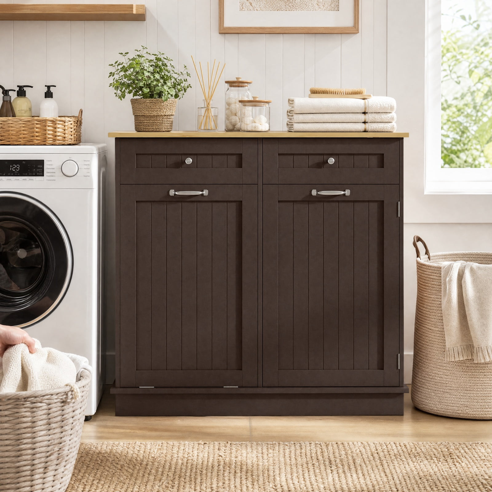 Furnibear Kitchen Tilt Out Trash Cabinet with 2 Drawers Wood Top and Adjustable Shelf Hidden Storage for Kitchen and Dining Room, Rustic Brown