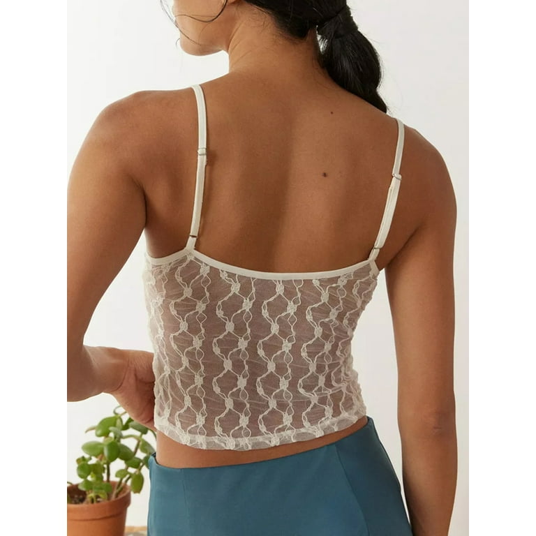 Women Sheer Mesh Crop Cami Tops Slim Floral Lace See Through Women Sheer Mesh Crop Cami Tops Slim Floral Lace See Through