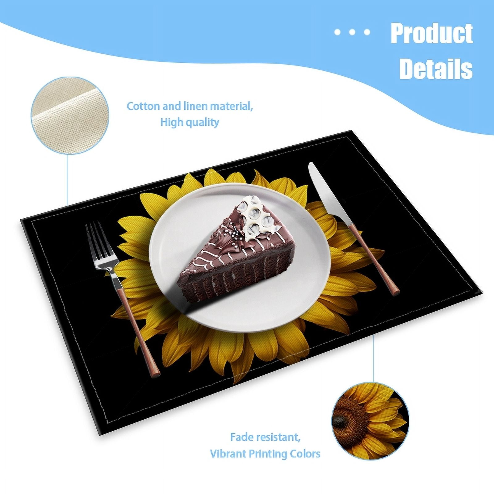 BaHomeck placemats Set of 4 rectangle Linen Cotton Placemats for Dining Table Washable Heat Resistant,18*12inch,Beautiful Sunflower Isolated On Black Background