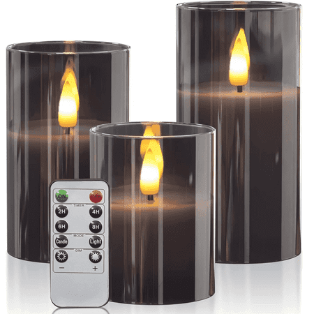 hidawn flameless candles flickering with remote and timer,3d wick acrylic electric fake candles, battery operated led pillar candle-gray 4''x5''x6''
