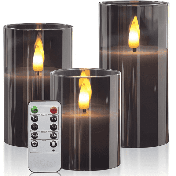 HIDAWN Flameless Candles Flickering with Remote and Timer,3D Wick Acrylic Electric Fake Candles, Battery Operated LED Pillar Candle-Gray 4''x5''x6''