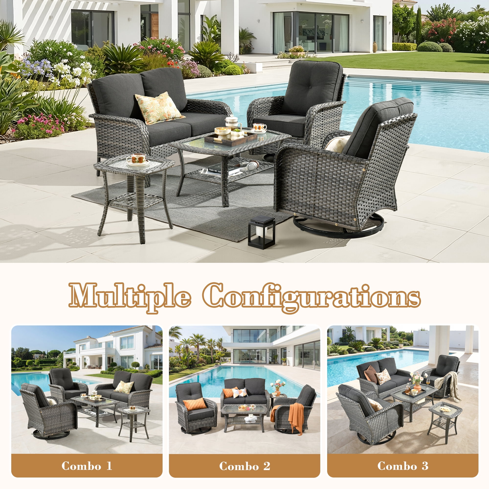 Vcatnet 5 Pieces Patio Furniture with Swivel Chairs, High Back Outdoor Conversation Set, All-Weather Wicker Sectional Furniture Set, Black