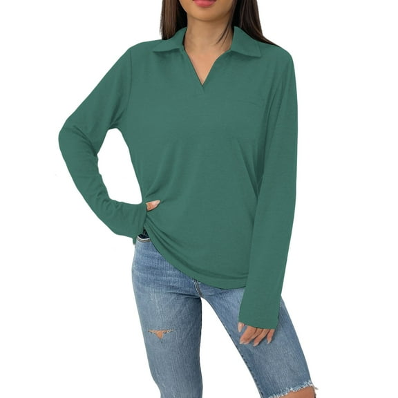Holzkary Women's V Neck Polo Shirts Long Sleeve Collared Dressy Tops Loose Casual Tunic Business Work Blouses Long Sleeved and Fashionable Solid Color Lapel Loose Pocket T Shirt Blackish Green L