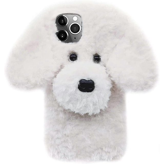 Funda de peluche súper linda con pelo esponjoso para iPhone 13 Pro Max, suave y cálida felpa de invierno de TPU (blanco peluche, iP)