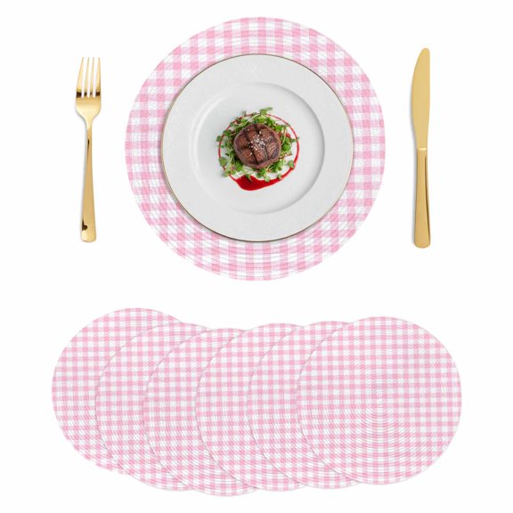 Pink Round 15 Inch Placemats Set of 6, Country French Rustic Buffalo Plaid Modern Art HeatResistant Non Slip Place Mats for Dining Table, Wipeable Braided Kitchen Table Mats for Housewarming