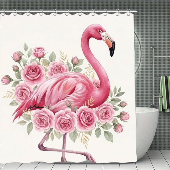 Pink Flamingo With Flowers Print Shower Curtain,Modern Fabric Waterproof Shower Curtain Set with Hooks 70.8×70.8Inch (180×180cm)