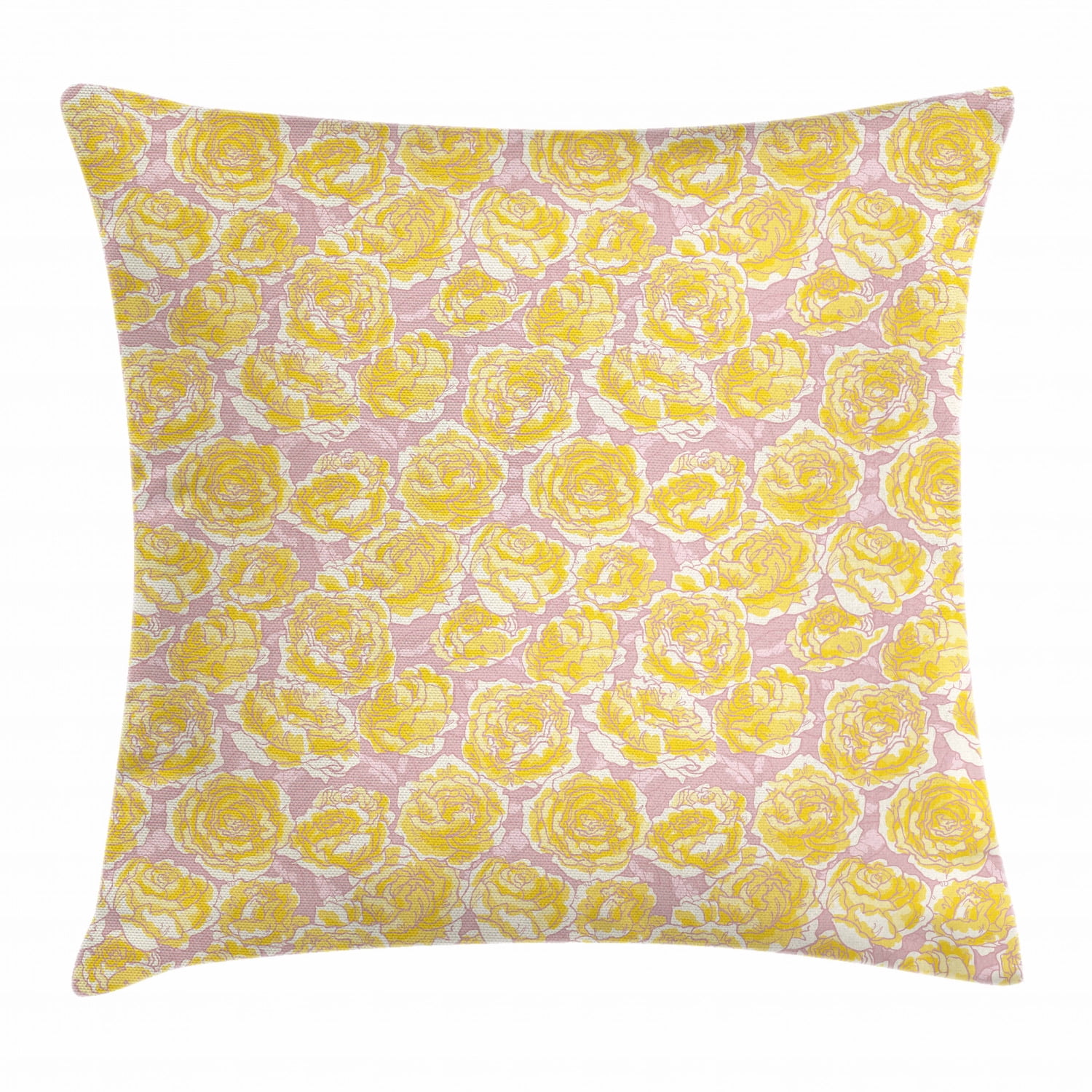 Flower Throw Pillow Cushion Cover, Hand Drawn Romantic Yellow Roses
