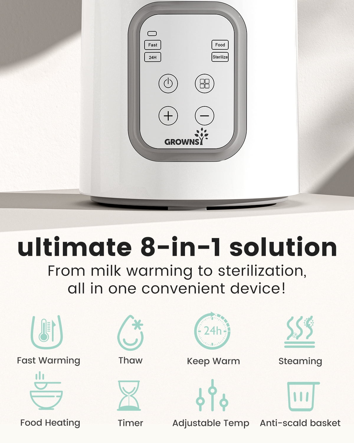Grownsy Baby Bottle Warmer 8-in-1 with Timer ,Temperature Control,Defrost, Sterilizer, Heat Baby Food Jars Function
