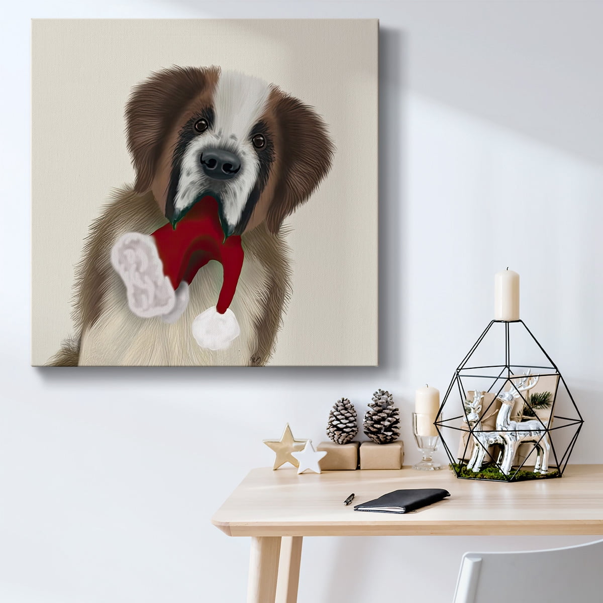 St Bernard and Christmas Hat- Gallery Wrapped Canvas