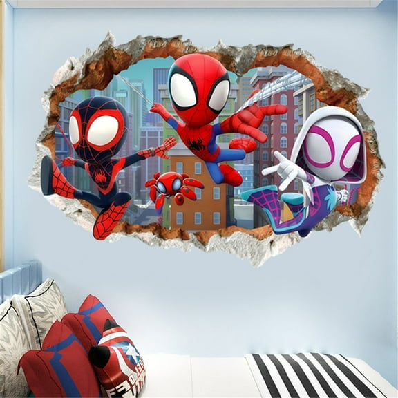 Superhero Wall Stickers Spiderman Wall Decal Self-Adhesive Cartoon Wall Paper For Boys Girls Room Bedroom Living Room Decoration