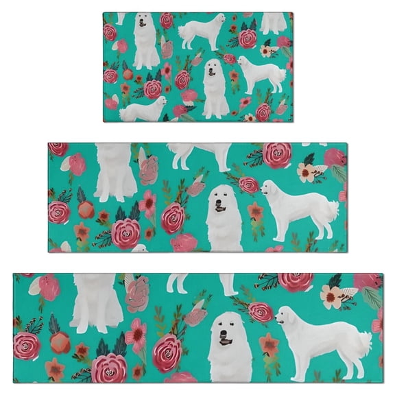 Great Pyrenees Dog and Pioneer Flower Kitchen Rugs Sets Of 3,Kitchen Runner Rugs Non Skid Washable,Decorative Kitchen Floor Mats for Kitchen,Sink,Laundry,17"x30" 17"x47" 17"x59"