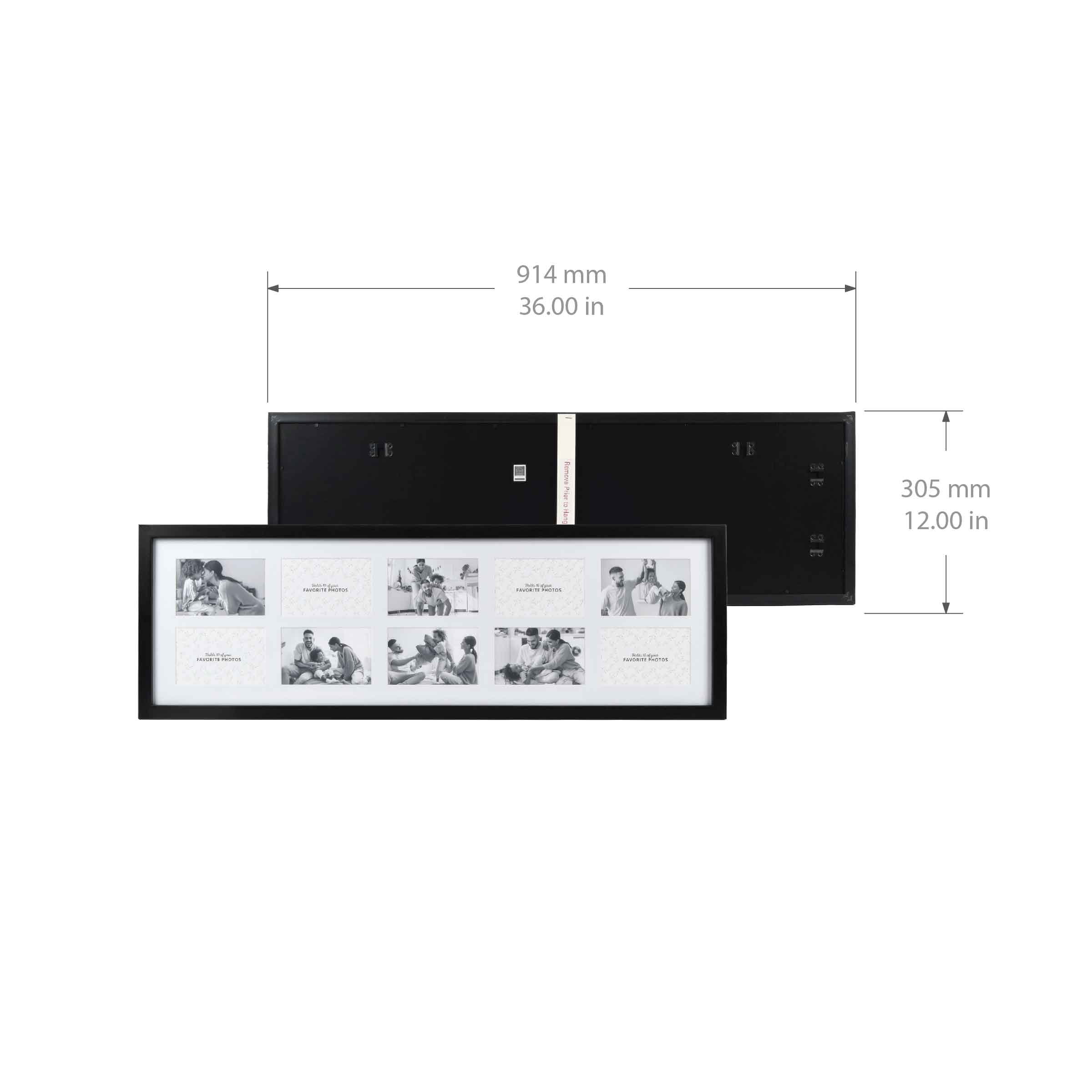 Prinz 10-Opening 12" x 36" Black Matted Picture Frame Collage, for 4x6 Photos, Wall Hanging