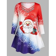 Rosegal Plus Size Crisscross Santa Claus Snowflake Print Christmas T-shirt Red 5X
