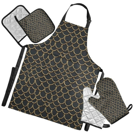 Ryvnso Dragon Scales Black Kitchen Apron Oven Mitts Set Pot Holders