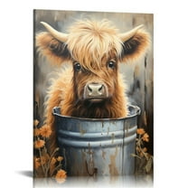 EastSmooth Farmhouse Highland Cow Wall Art: Bathroom Sign Canvas Print Brown Cow Decor Rustic Framed Picture Funny Animal Poster For Gift