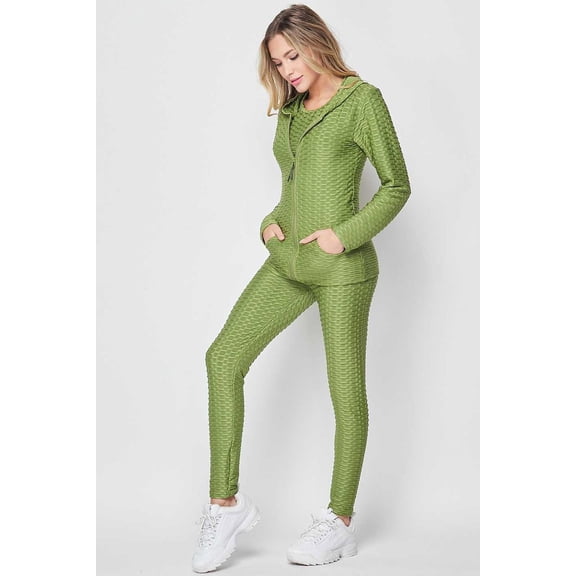 3 Piece Scrunch Butt Leggings Tank Top and Hooded Jacket Set Olive L/XL