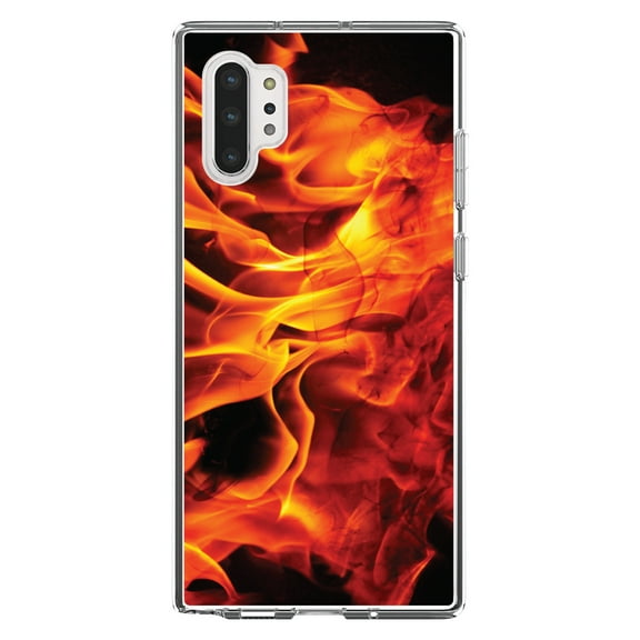 DistinctInk Clear Shockproof Hybrid Case for Galaxy Note 10 PLUS (6.8" Screen) - TPU Bumper, Acrylic Back, Tempered Glass Screen Protector - Red Black Flame Fire - Printed Image of Fire