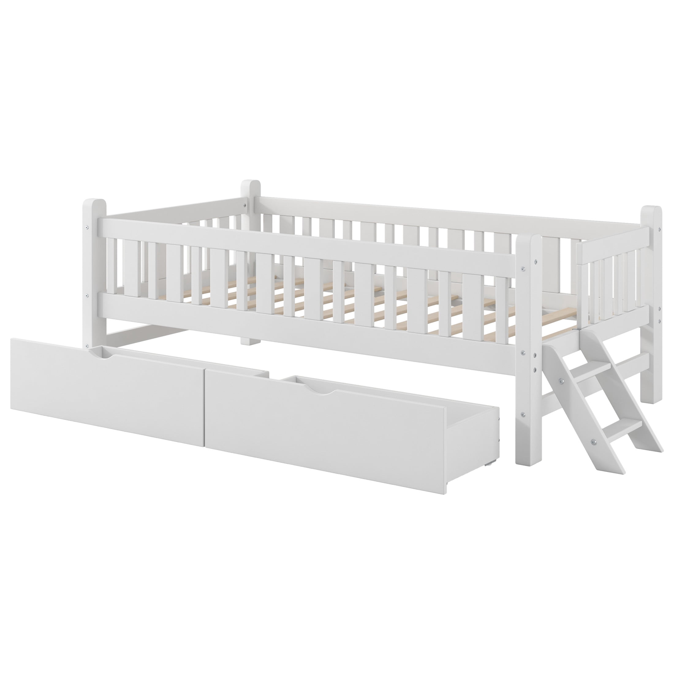 Noble House Wood Twin Platform Bed, Semi-Enclosed Fence Guardrail Bed with Storage Drawers, Solid Pine Wood, White
