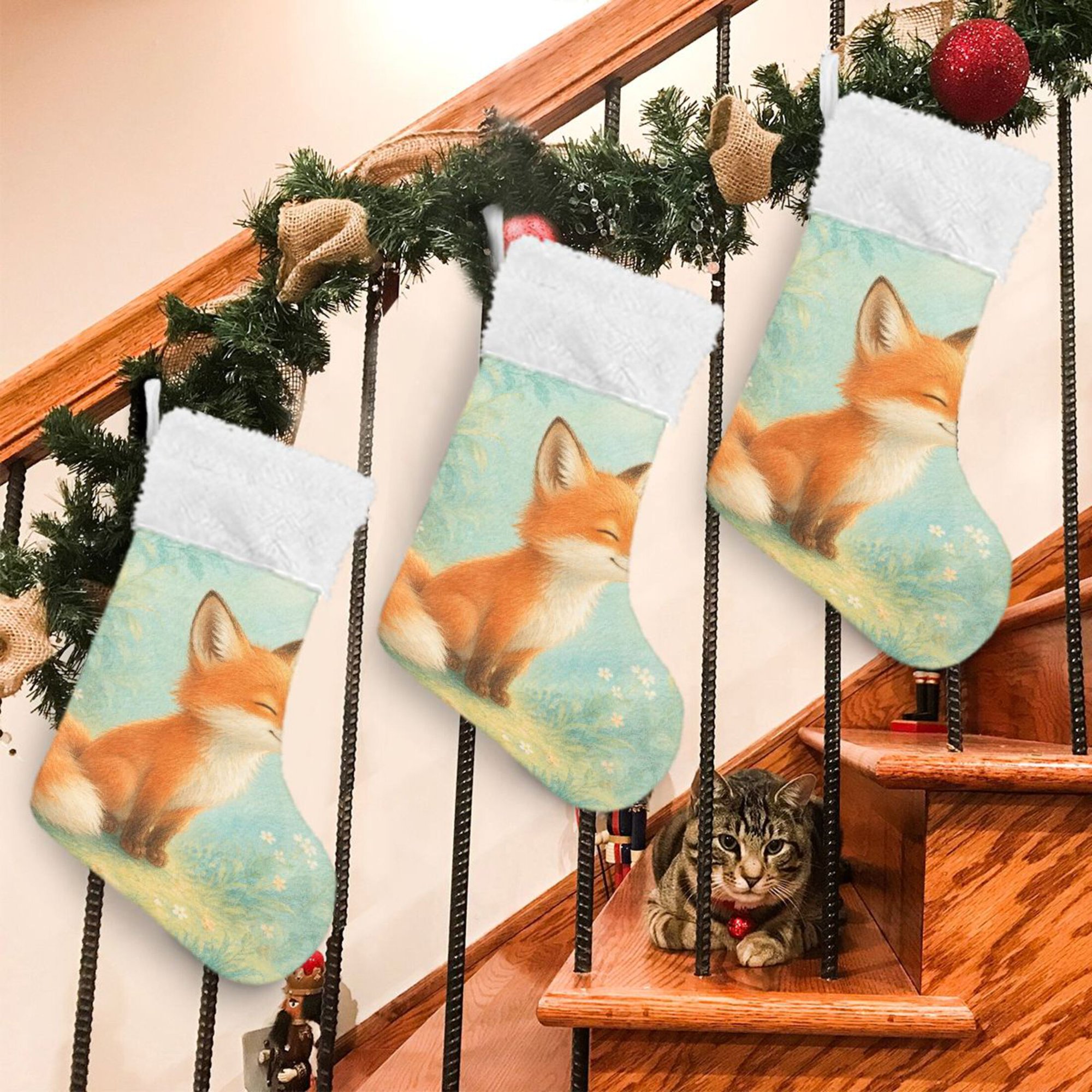 RMDQTR 2Pack Christmas Stockings for Xmas Gifts - Large Size Festive Holiday Decor for Family Baby Fox Butterfly Art