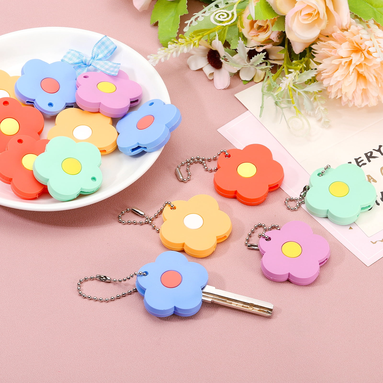 Key Caps Covers, 30 Pack Flower Keys Ring Coding Tags Identifiers Case Shell Protector, 5 Assorted Colors
