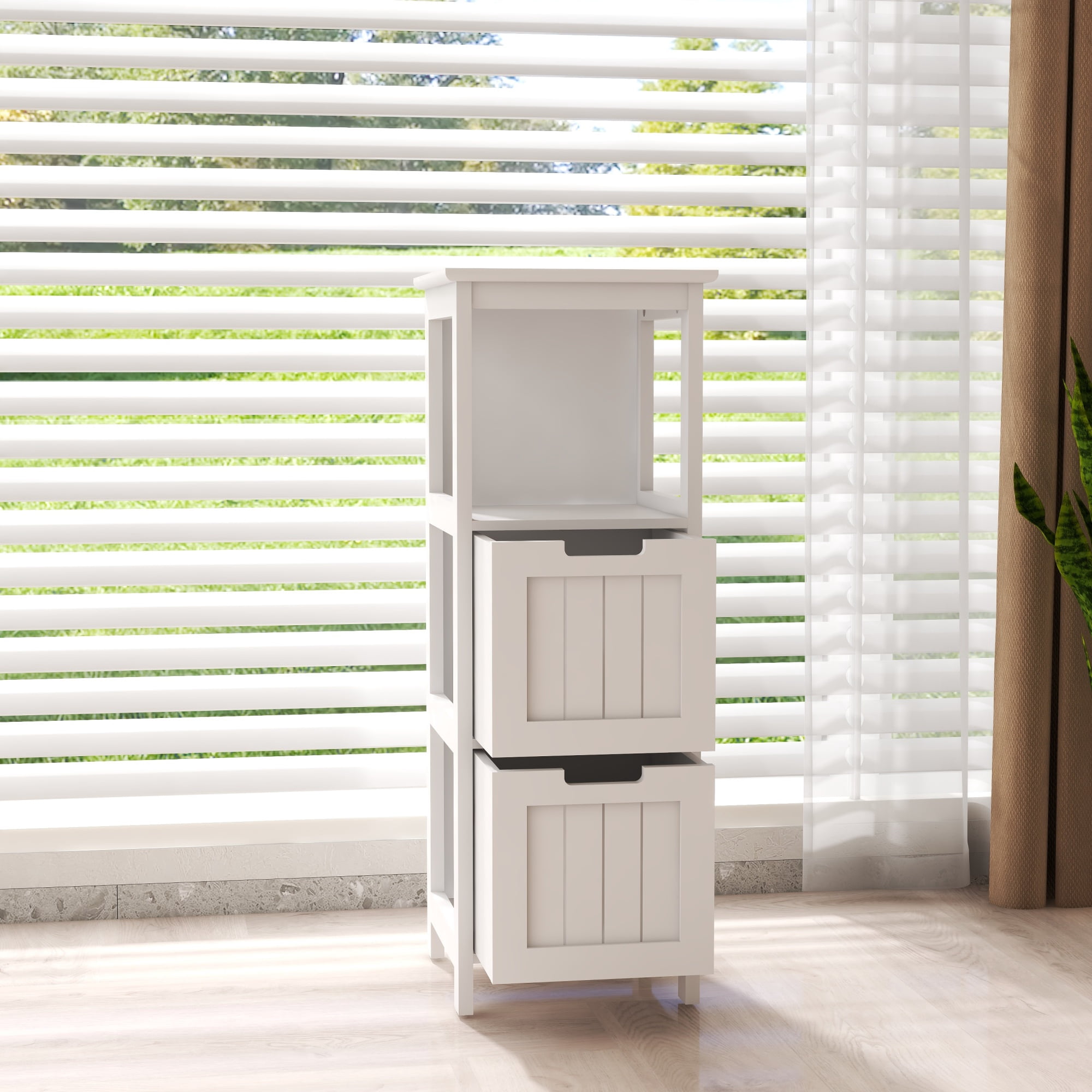 Bathroom Floor Cabinet with 2 Drawers and 1 Storage Shelf,Freestanding Wood Storage Organizer Cabinet-White
