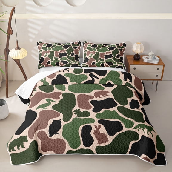 Manfei Woodland Wolves Twin Quilt Set,Cartoon Bear Twin Coverlet Set,Red Green,2-Piece