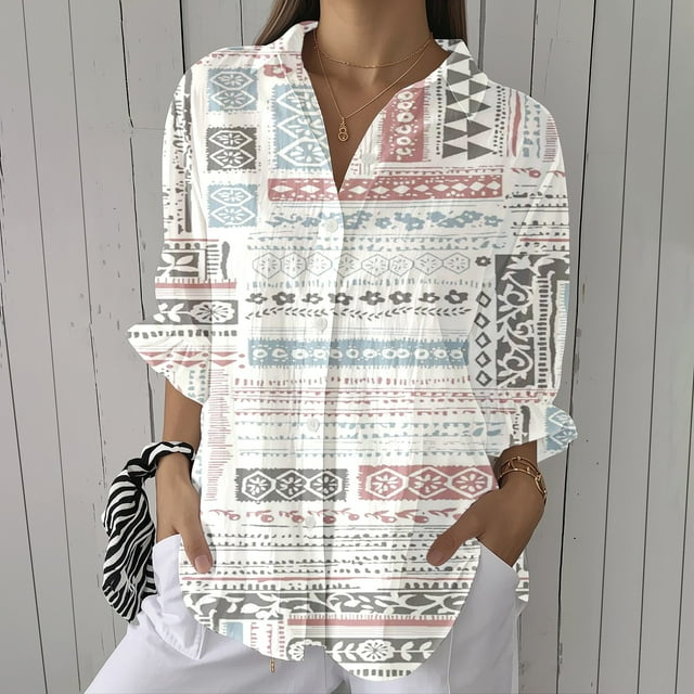 YLHFASHION Chemise à Imprimé Floral Rétro pour Femmes, Imprimé Géométrique Abstrait, Chemise à Imprimé Artistique, Chemise Décontractée à Imitation Ligne, Col en V, Aubaines du Jour, Liquidation, Chemises pour Femmes