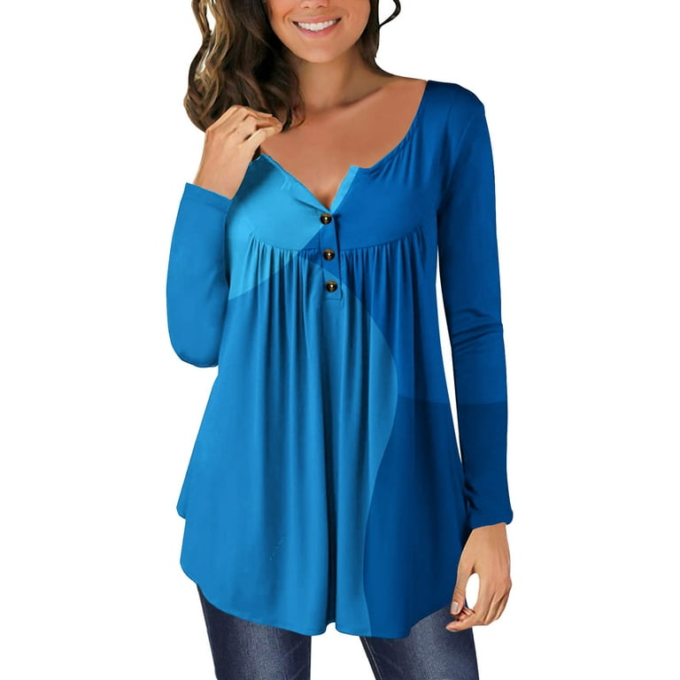 RQYYD Workout Tops for Women Pleated Color Block Tunic Henley Shirts Button  Up T-Shirts Long Sleeve Fit Loose Blouse with Leggings Blue XL