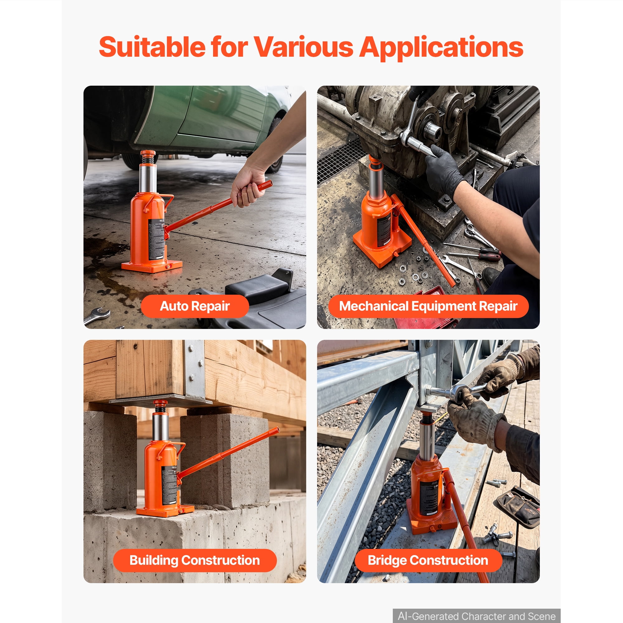 KFFKFF Hydraulic Bottle Jack 20 Ton (44092.5 lbs) Capacity, 9.65"-18.31" Lift Range, Suitable for Construction Vehicles, Heavy Trucks, Buses,Durable Multi-Directional Jack with Extended Handle