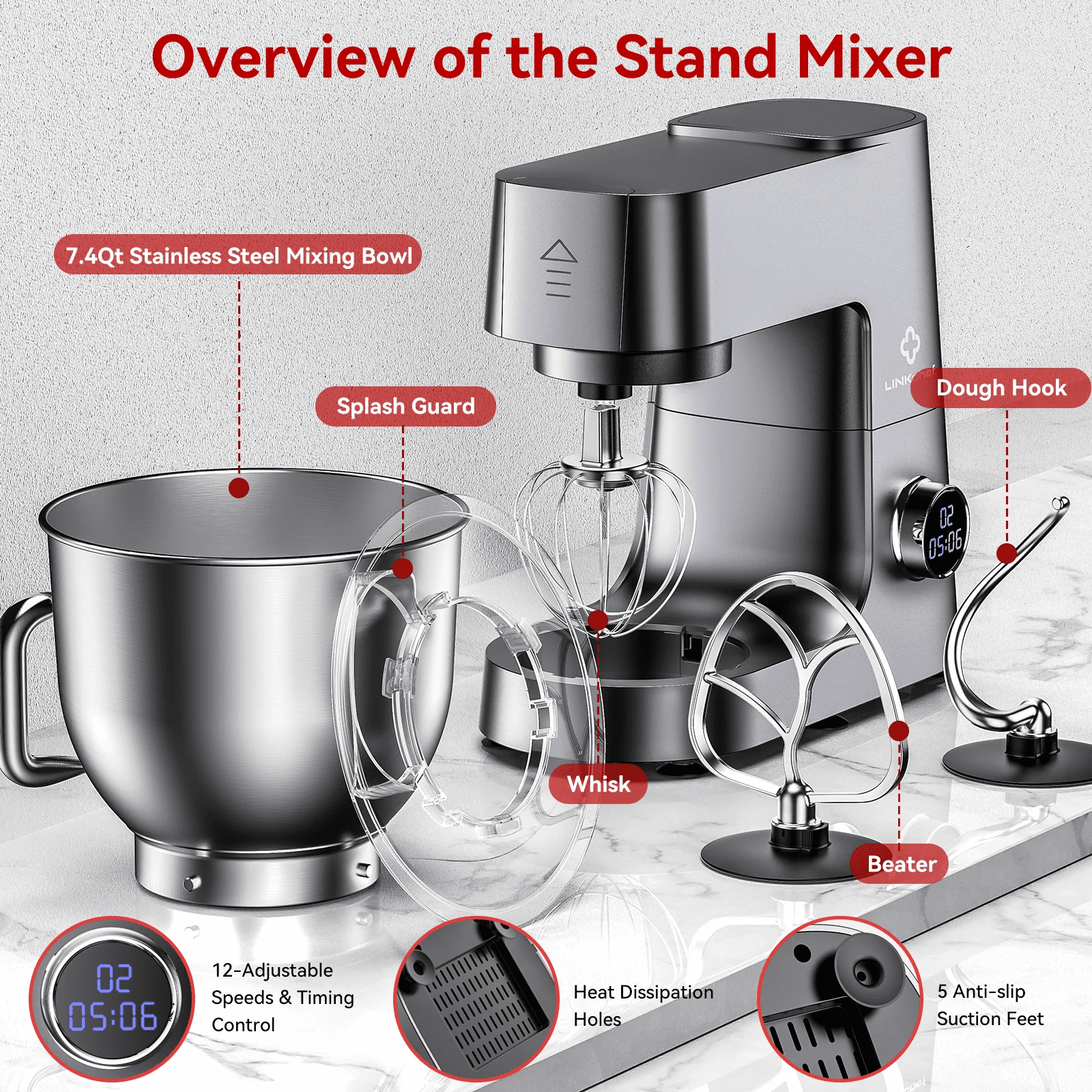 7.4 QT Stand Mixer, 800W 12-Speed Tilt-Head Food Mixer, Kitchen Electric Mixer with Dough Hook, Wire Whip & Beater