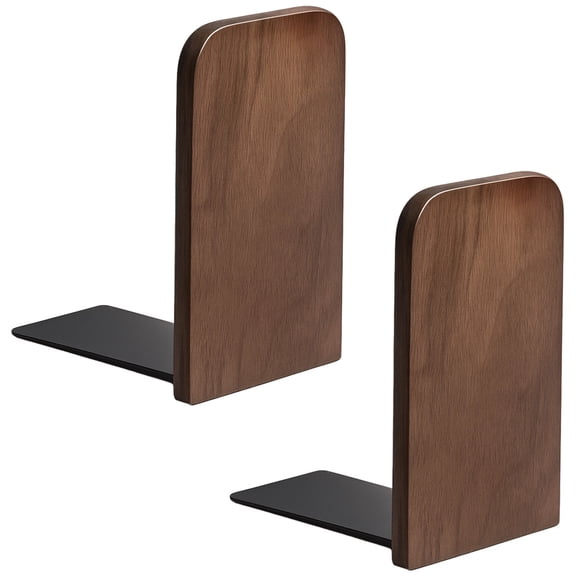 2 Pcs Large Walnut Bookends for Shelves, 6.7 in / 17 cm Height Wooden Book Ends for Heavy Books, Square Head Design, Sturdy Metal Non-Slip Base, Decorative Book Stoppers
