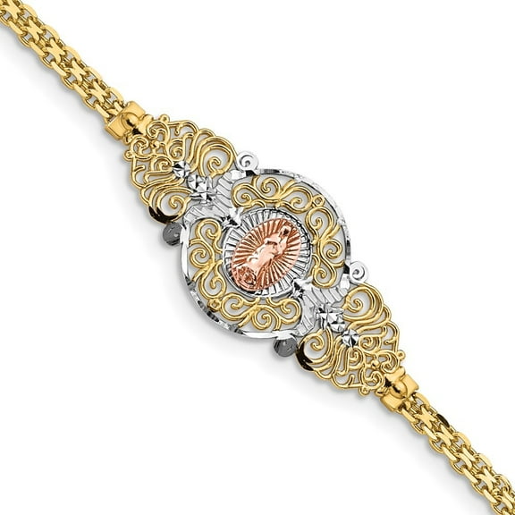 Diamond2Deal 14K Two-Tone Gold with Rhodium Our Lady of Guadalupe Bracelet for Men 7"