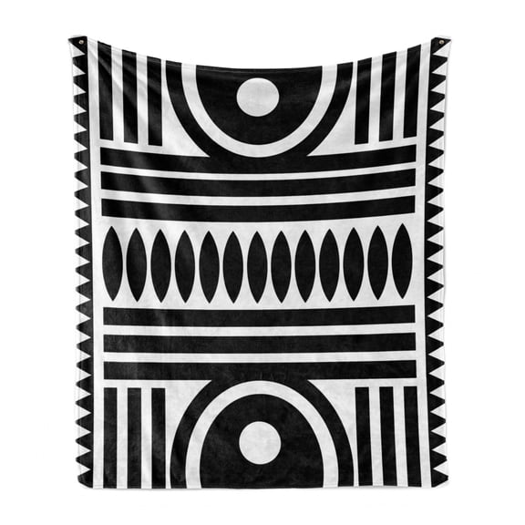 Tribal Soft Flannel Fleece Throw Blanket, Prehistoric Inspired Minimalist Contemporary Abstract Ovals Stripes, Cozy Plush for Indoor and Outdoor Use, 70" x 90", Charcoal Grey and White, by Ambesonne