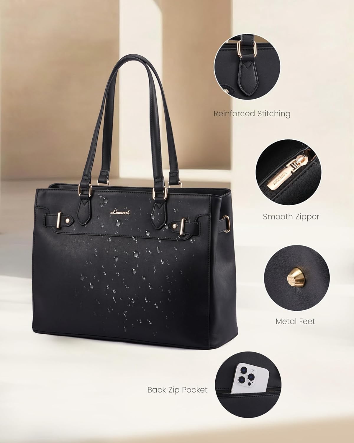 LOVEVOOK Laptop Tote Bag for Women Work, Teacher Tote Bag with Large Cup Holder, 15.6 Inch Waterproof Leather Computer Bag