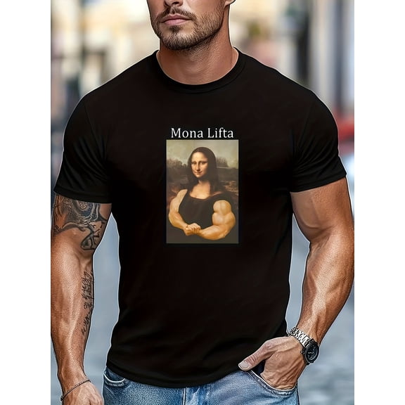 Monalift Men's Funny Mona Lisa Fitness Graphic T-Shirt - Humorous Workout Design, Regular Fit Short Sleeve Round Neck Casual Summer Tee, Machine Washable, Casual Attire T-Shirt, Artistic Design,