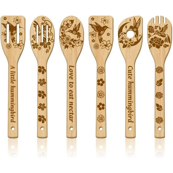 6Pcs Hummingbird Wooden Spoons Utensil Set Flower Animal Bamboo Carving Kitchen Cooking Utensils Wooden Engraved Cooking Spatula Set for Kitchen Fun House Warming Gift