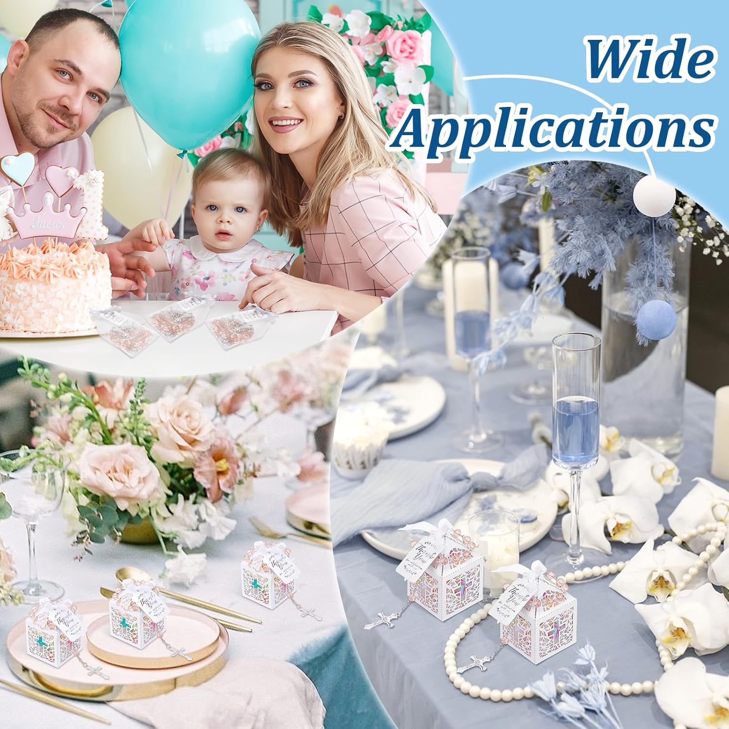 120PCS Baptism Favors Set Including 30 Mini Rosary Baptism Favors 30 Hollow Gift Boxes 30 Organza Bags 30 Thank You Tags