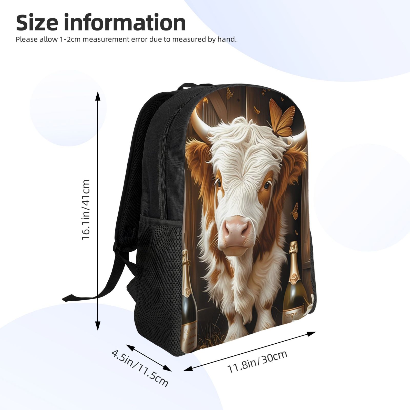 Xecao Rustic Cow Butterflies Champagne Print School Backpack with Laptop Compartment Small Travel Laptop Backpack for Women Men Waterproof College Backpack Simple School Bag