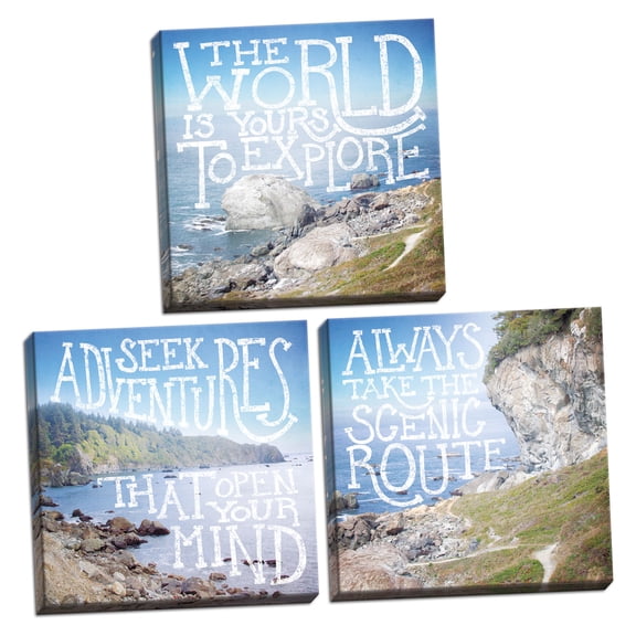 Blue and Green Coastal Inspirational Landscape Adult/Teen Decor; 3 - 12" x 12" Stretched Canvases