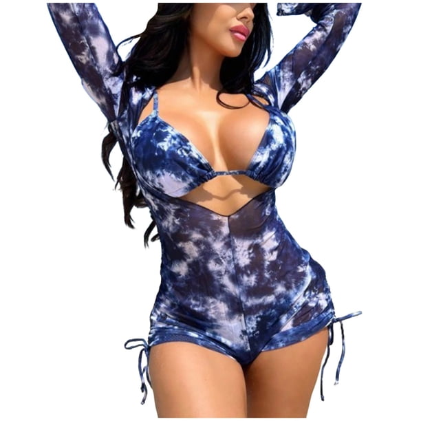 Gibobby Conjunto de traje de baño de bikini Traje de baño de piezas de malla de manga larga de bikini teñido anudado estampado para mujer(Azul,M)