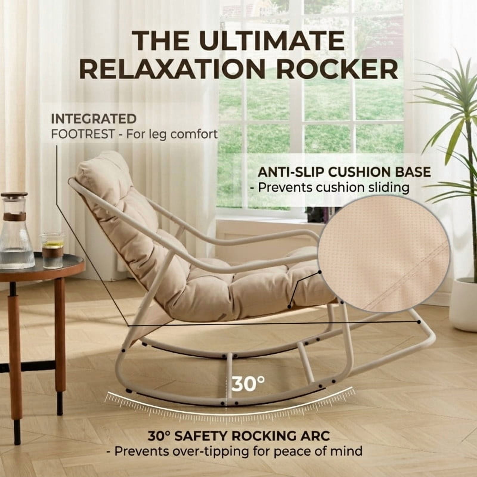 Howcool Patio Rocking Chair with Footrest & Cushion, Curved-Arm Glider Rocking Chair, Indoor Accent Chair