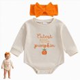 thumbnail image 2 of Staki Halloween Newborn Baby Girl Outfit Pumpkin Sweatshirt Romper Long Sleeve Onesie Jumpsuit Infant Fall Winter Clothes 0-18M(Beige,12-18 Months), 2 of 9