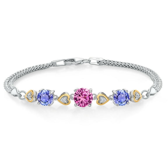925 Sterling Silver and 10k Yellow Gold Pink Created Sapphire Blue Tanzanite and White Lab Grown Diamond Bracelet for Women (3.54 Cttw, Round 7MM and 6MM, 6.5/7/7.5 inch, Made in Italy)