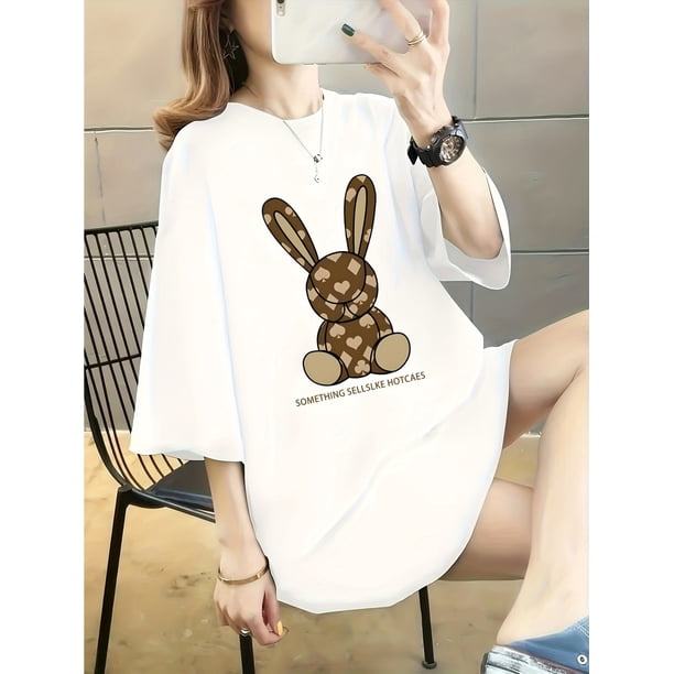 Women's Soft & Comfortable 100% Regular Size T-Shirt with Chic Rabbit Print - Casual Short Sleeve, Black, Perfect for Casual Attire