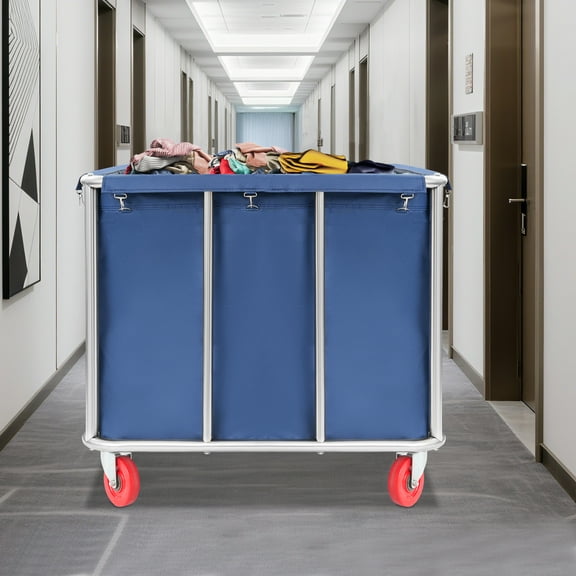90x65x80cm Large Capacity Commercial Laundry Cart with 4 Wheels Stainless Steel Laundry Cart for Home Hotel Blue