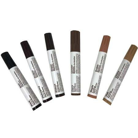 Premium Furniture Repair System, 6 Piece Marker Filler Set for Every Wood Shade - Oak Cherry Mahogany Maple Black