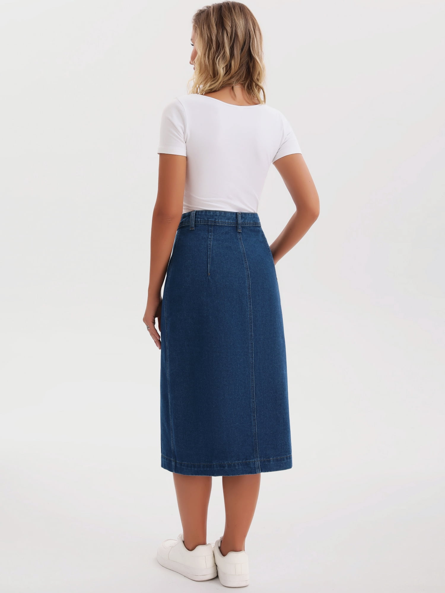 DARING DIVA Women's Denim Midi Skirt Button Up Slit Jean Skirts X-Large Dark Blue