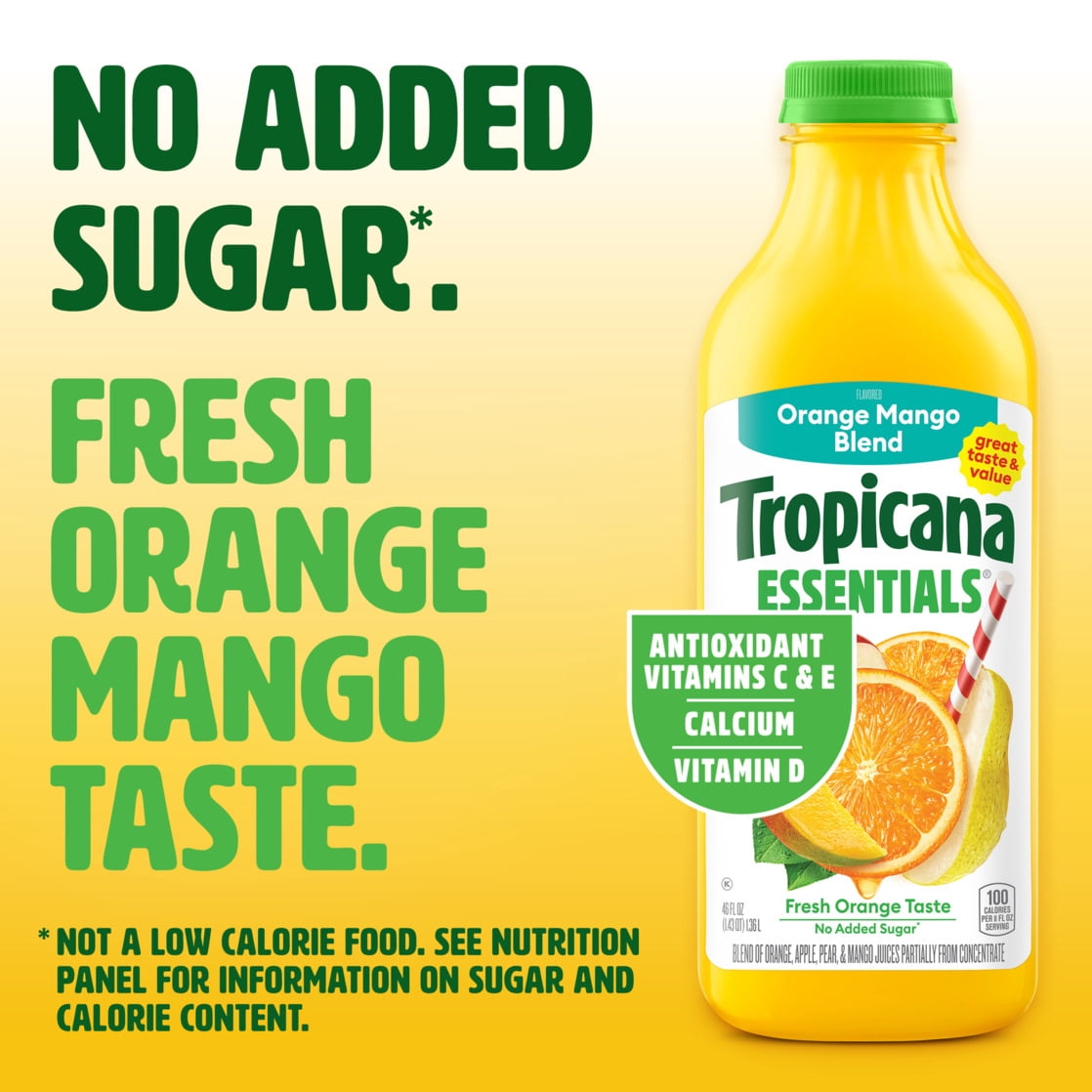 Tropicana Essentials Flavored Orange Mango Juice Beverage Blend With Other Fruit, No Pulp, 46 fl oz Bottle