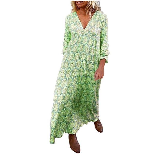 pstuiky Robes pour Femmes, Mode Femmes Robe Décontractée Imprimée Col en V Manches Longues Robe Longue Chemise Robes en Liquidation